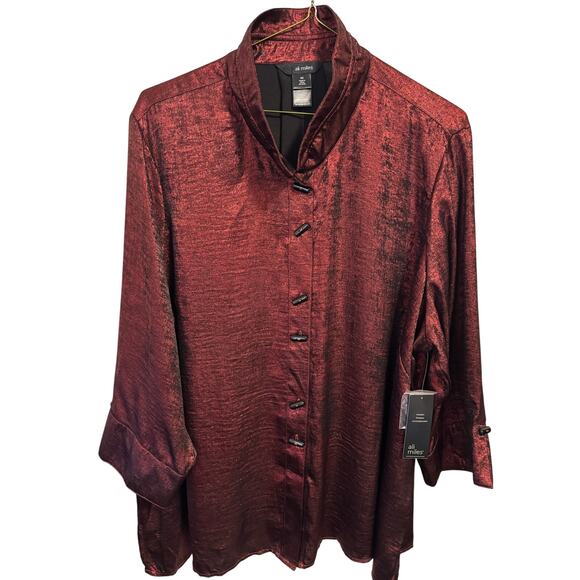 Ali Miles NWT red iridescent textured satin boutique tunic wired stand up collar - Picture 2 of 15